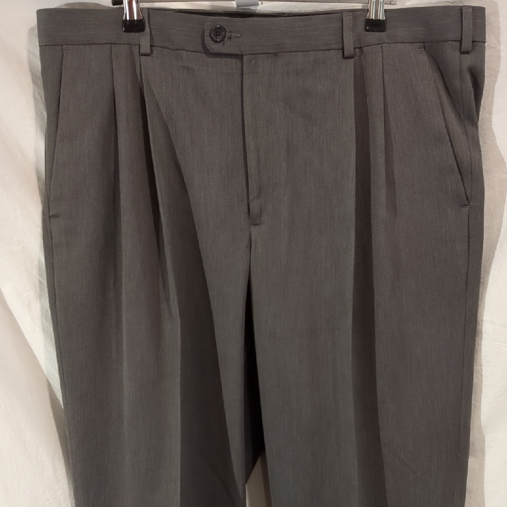 Perry Ellis Portfolio | Grey Trousers Subtle Stripe Fabric Pleated Cuffed